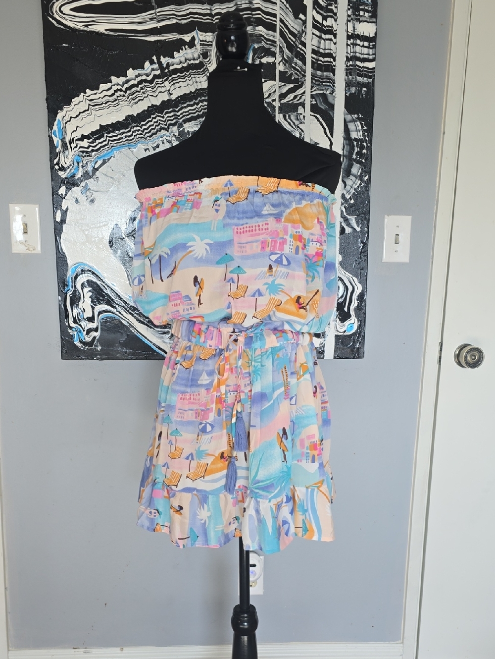Strapless Pastel Beach Print Dress